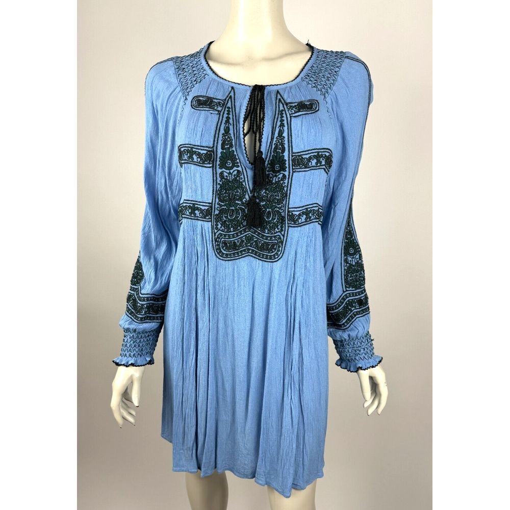 Free People Wind Willow Embroidered V-Neck Mini Dress Women M EUC Long Sleeve
